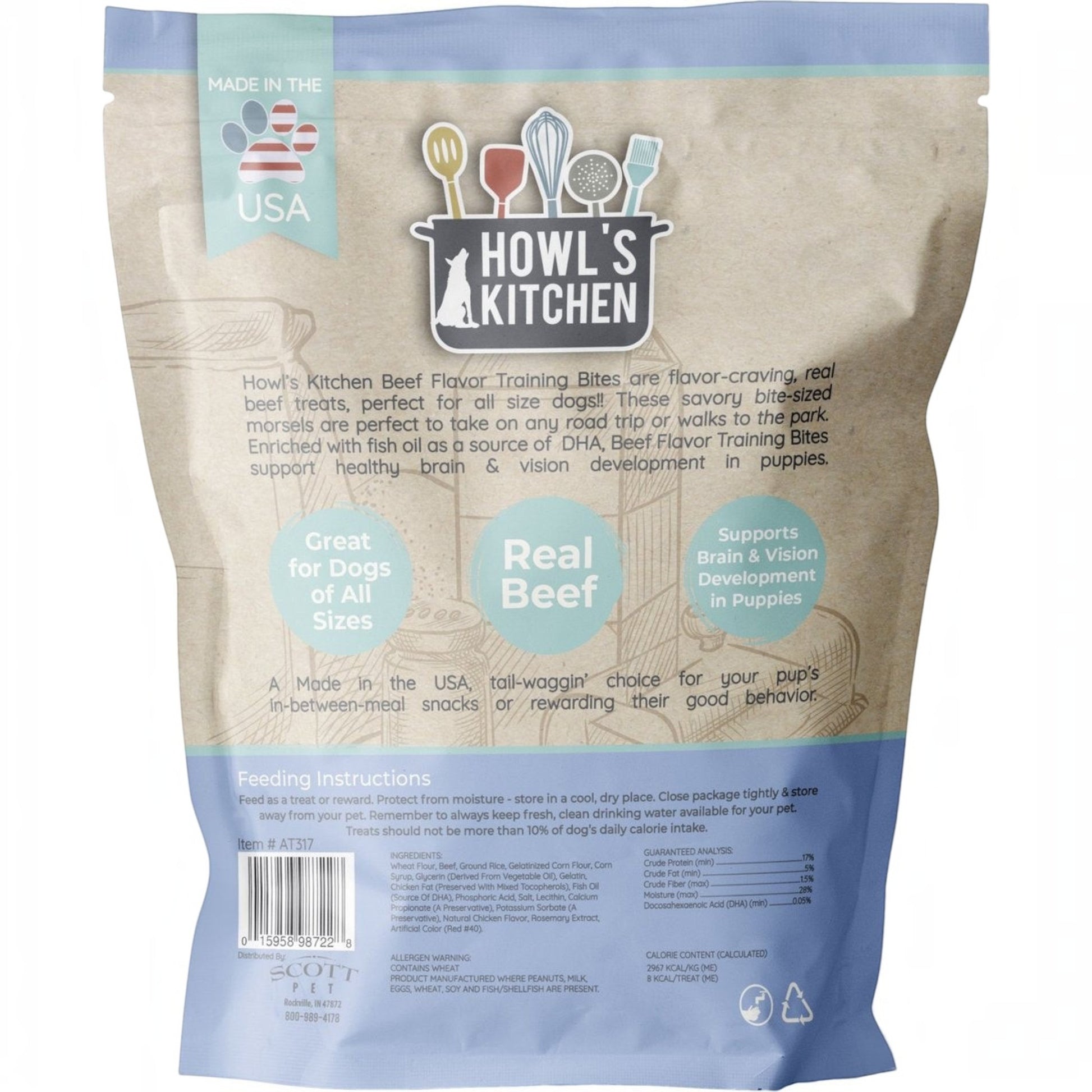 Franklin County Xchange Howls Kitchen beef training treats in a 12 oz resealable bag for dogs of all sizes.