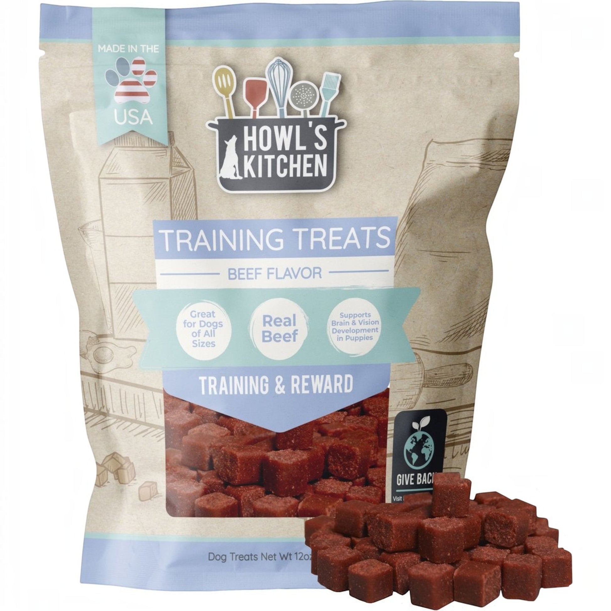 Franklin County Xchange Howls Kitchen beef training treats in a 12 oz bag with small square dog treats in front